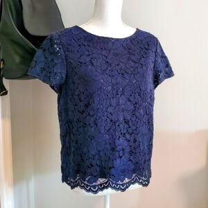 Brooks Brothers Red Fleece Short Sleeved Lace Top - Navy Blue - Size 14